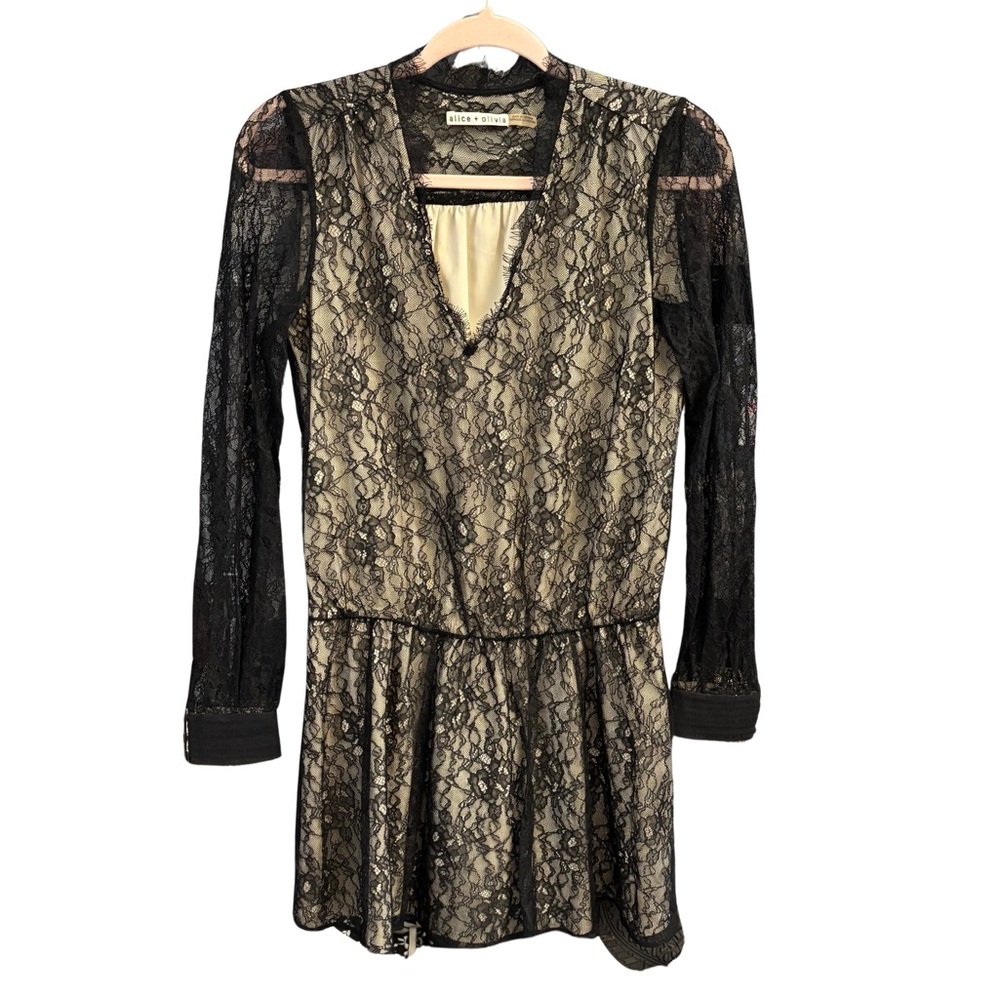 Alice Olivia Deena Drop Waist Lace Dress Black Natural Long Sleeve - Picture 2 of 9